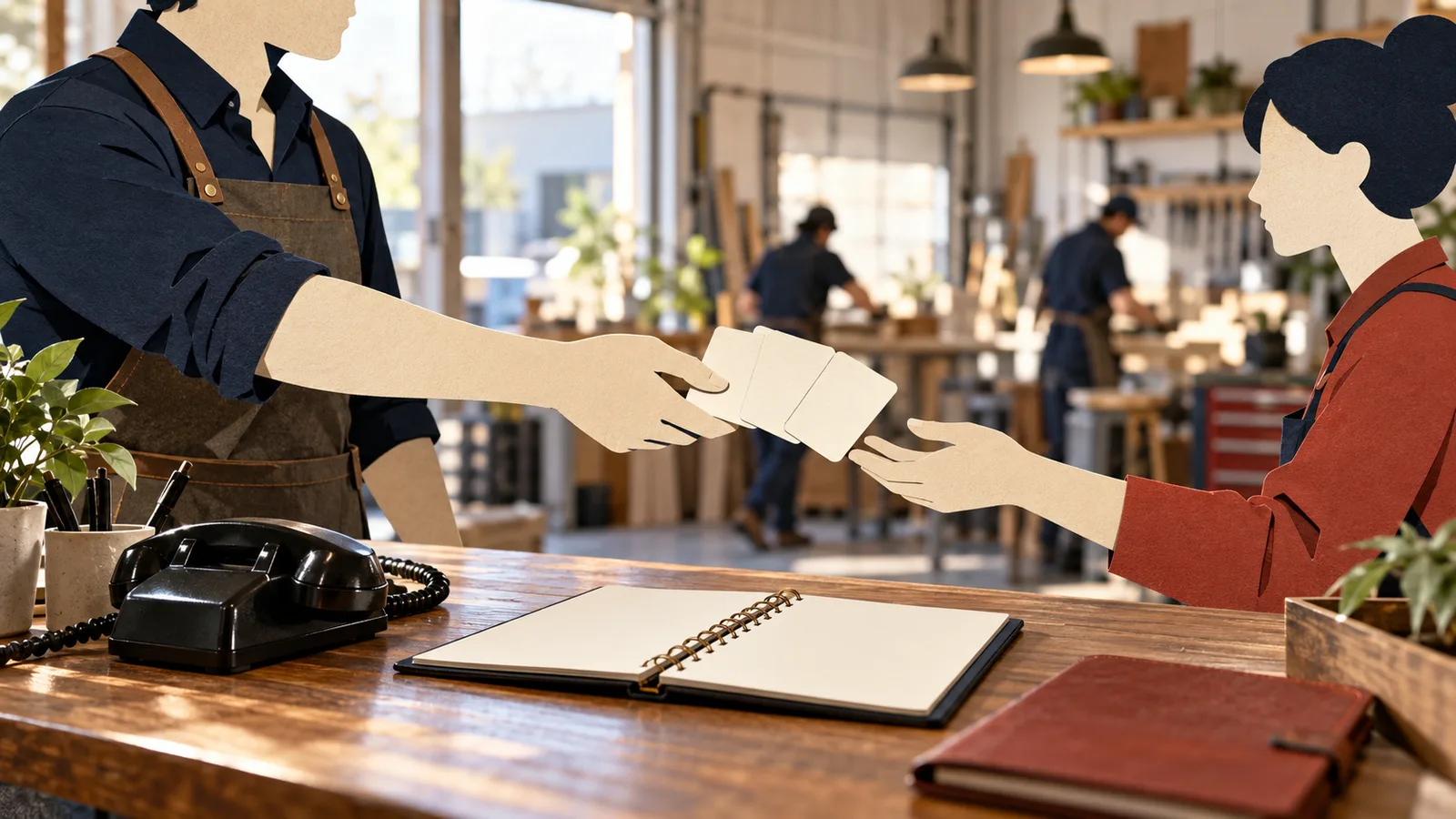 A service business owner hands blank decision cards to a front-desk coordinator beside a telephone and appointment book.