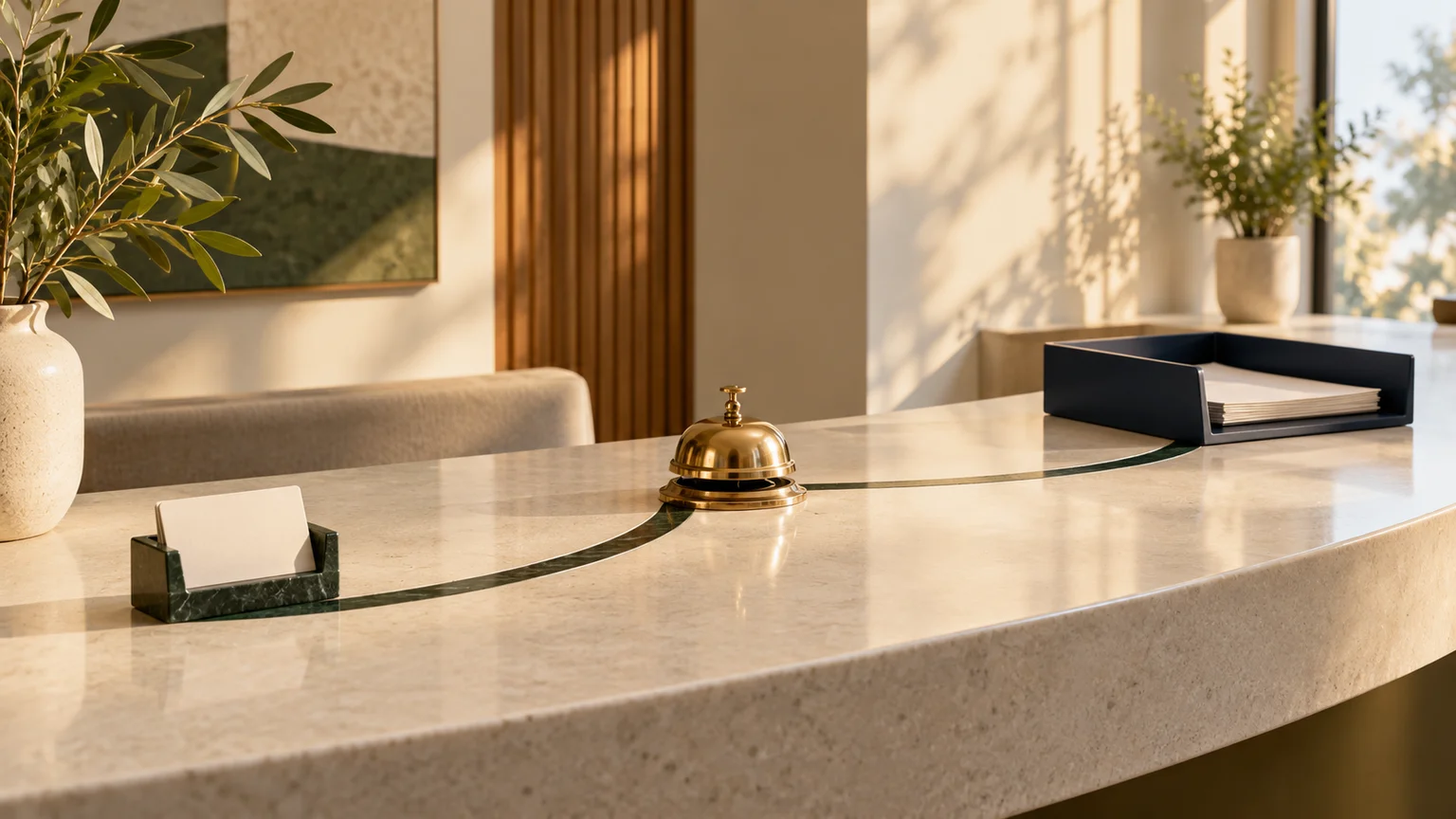 An illustrative reception counter with an olive line connecting a blank appointment-card holder, brass bell and navy document tray.