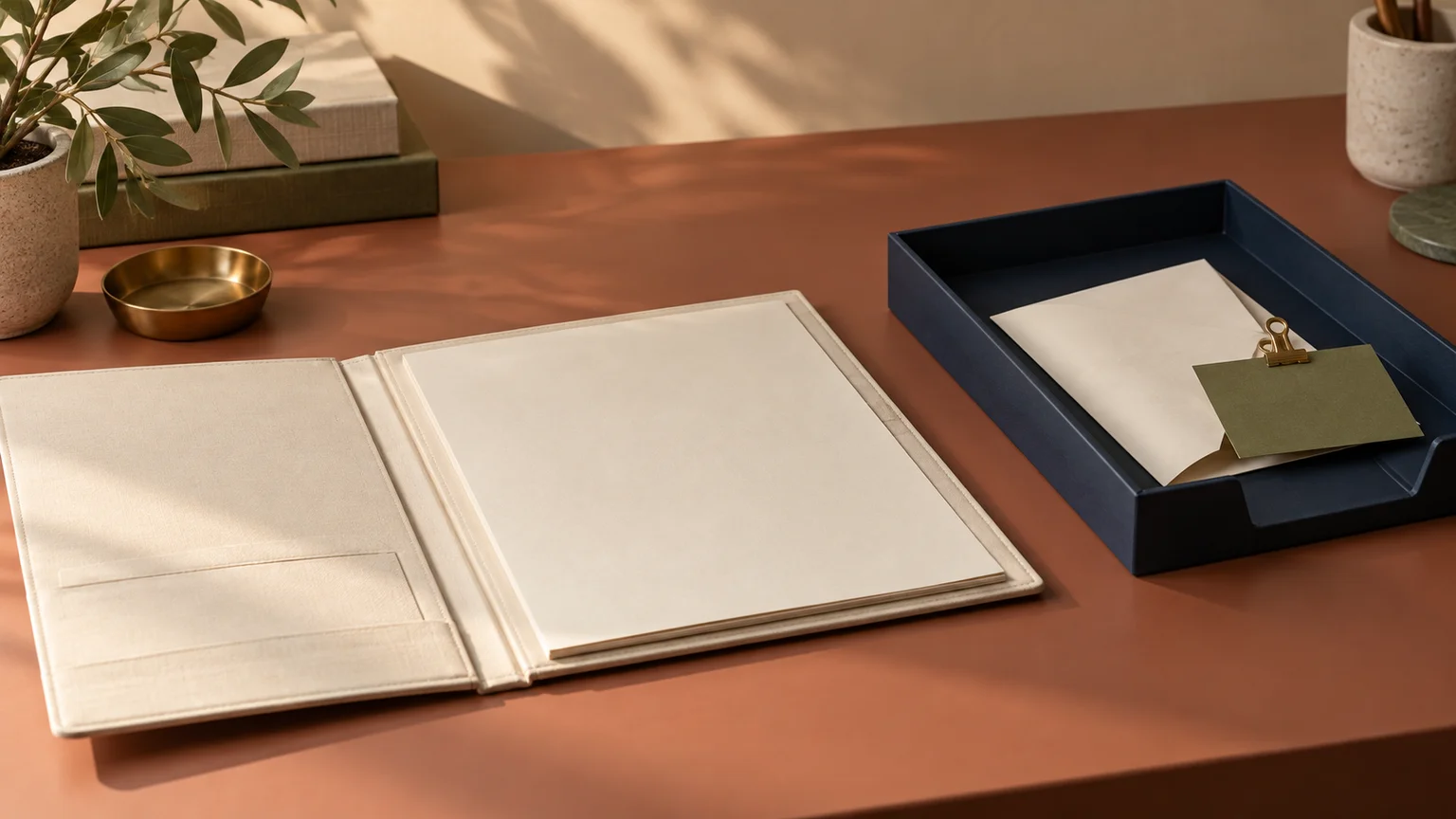 An illustrative open cream document folio beside a navy tray holding a folded blank sheet clipped to an olive card on a terracotta desk.