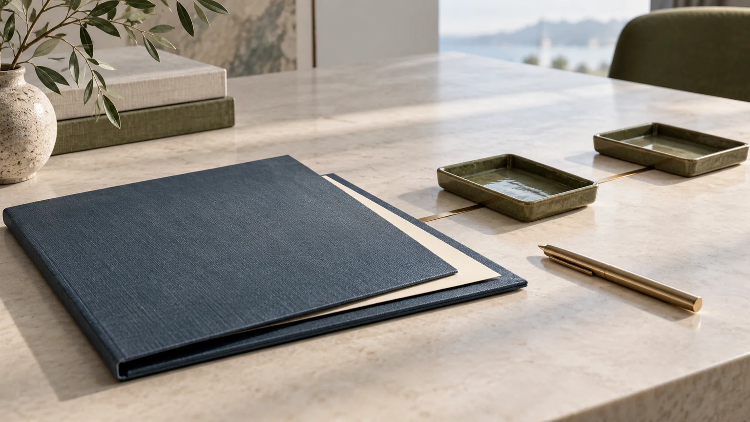 An illustrative slate-blue document folder, brass pen and two empty olive trays connected by a fine brass line on an ivory desk.