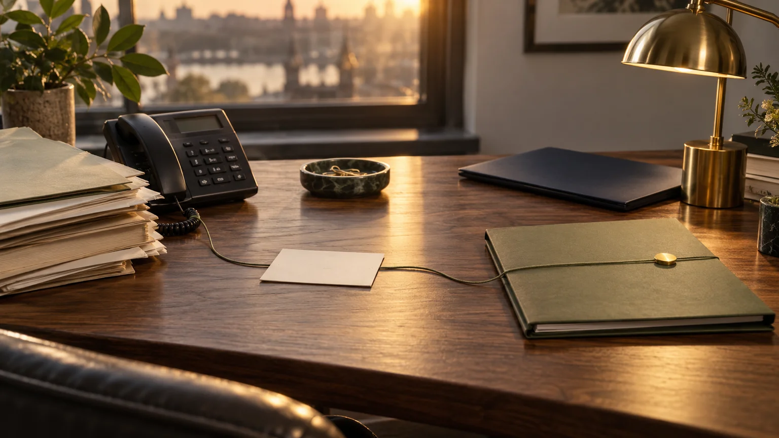 Illustrative accounting desk with loose files and a telephone connected by an olive thread to an appointment card and an organized client folder.