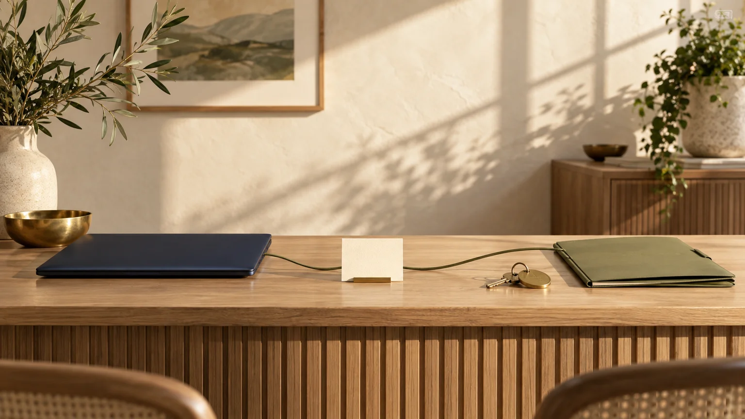 Illustrative reception desk with a laptop, blank appointment card and client folder connected by an olive cord, showing the journey beyond a website.