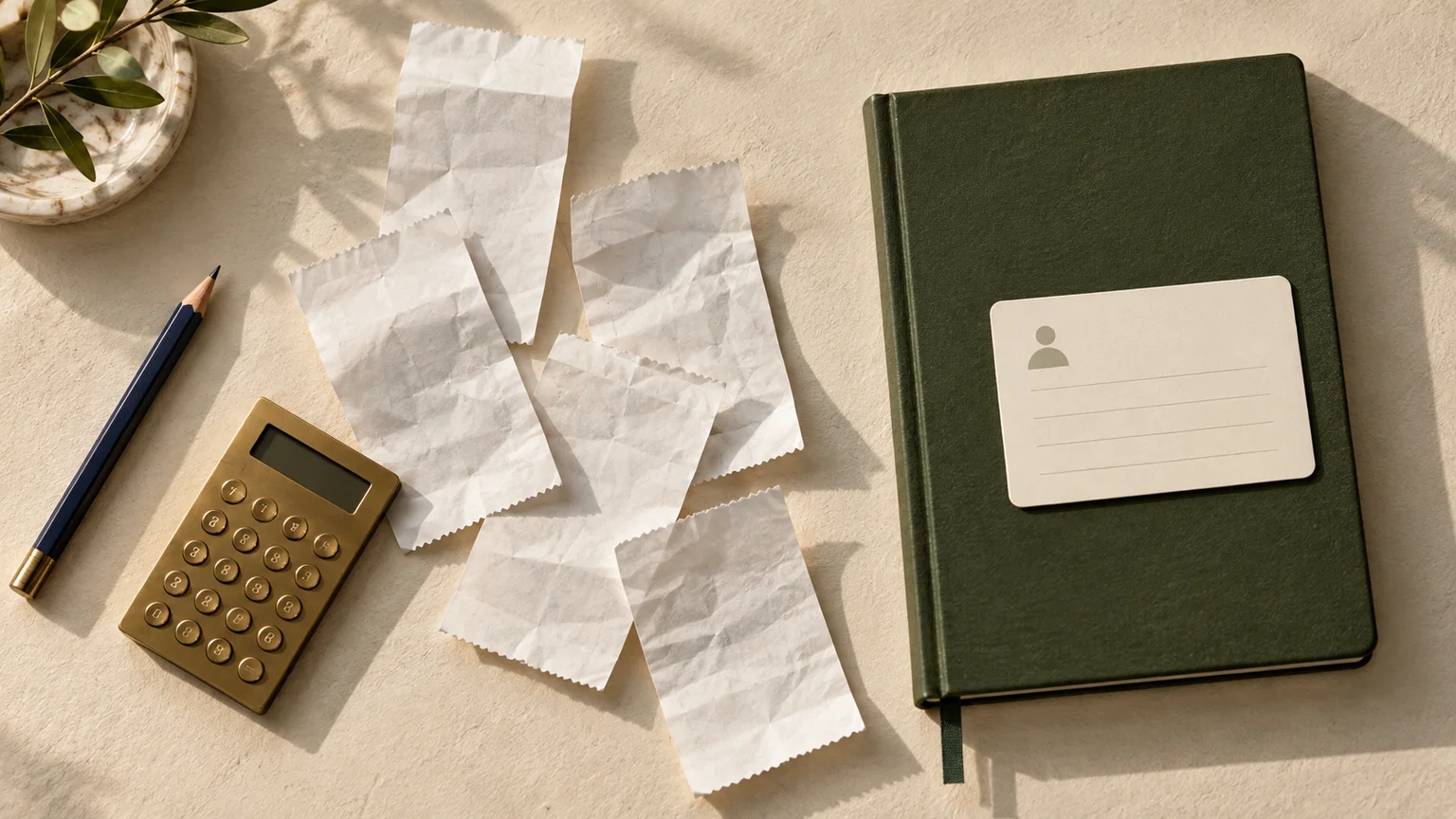 Illustrative overhead view of scattered blank receipts and a calculator beside one olive notebook and customer card, representing a CRM buying plan.