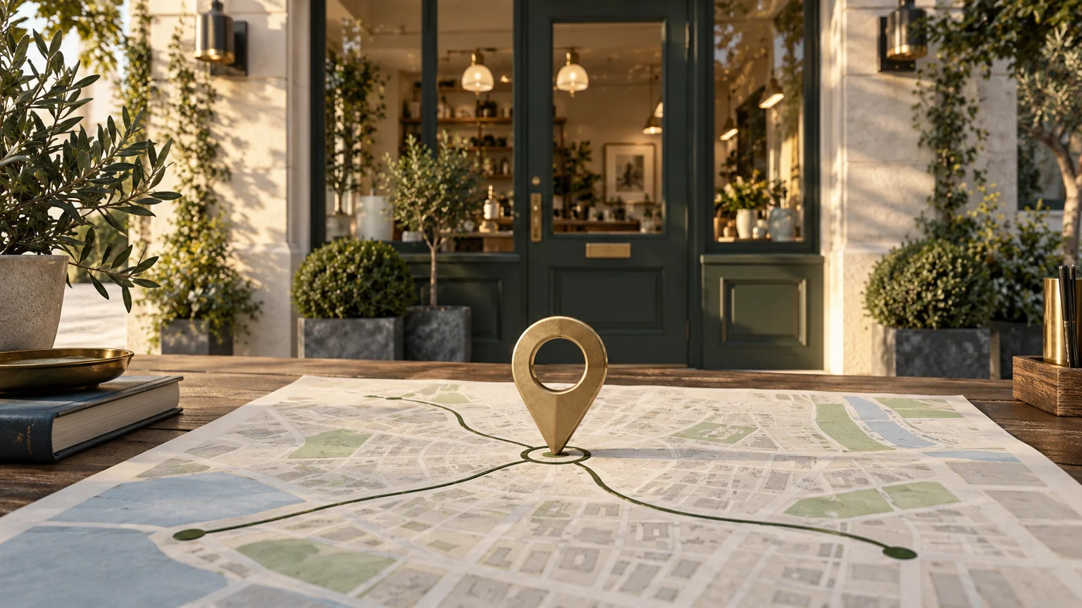 Illustrative neighborhood map with olive paths meeting at a brass location marker in front of a fictional service-business storefront.