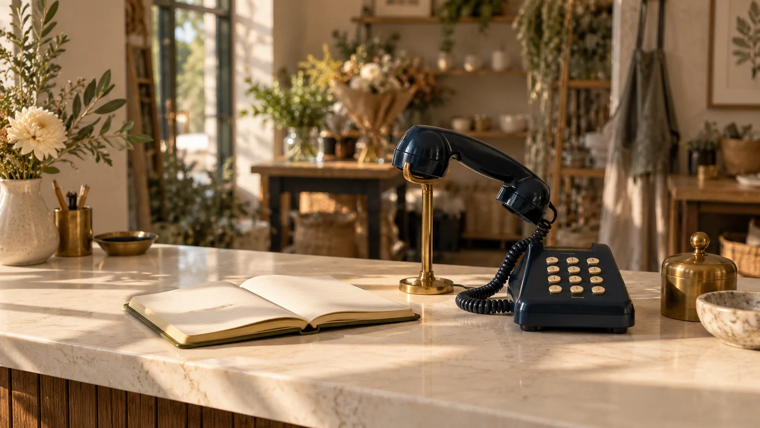 Illustrative service-business reception counter with a navy telephone handset on a brass stand beside an open blank appointment book.