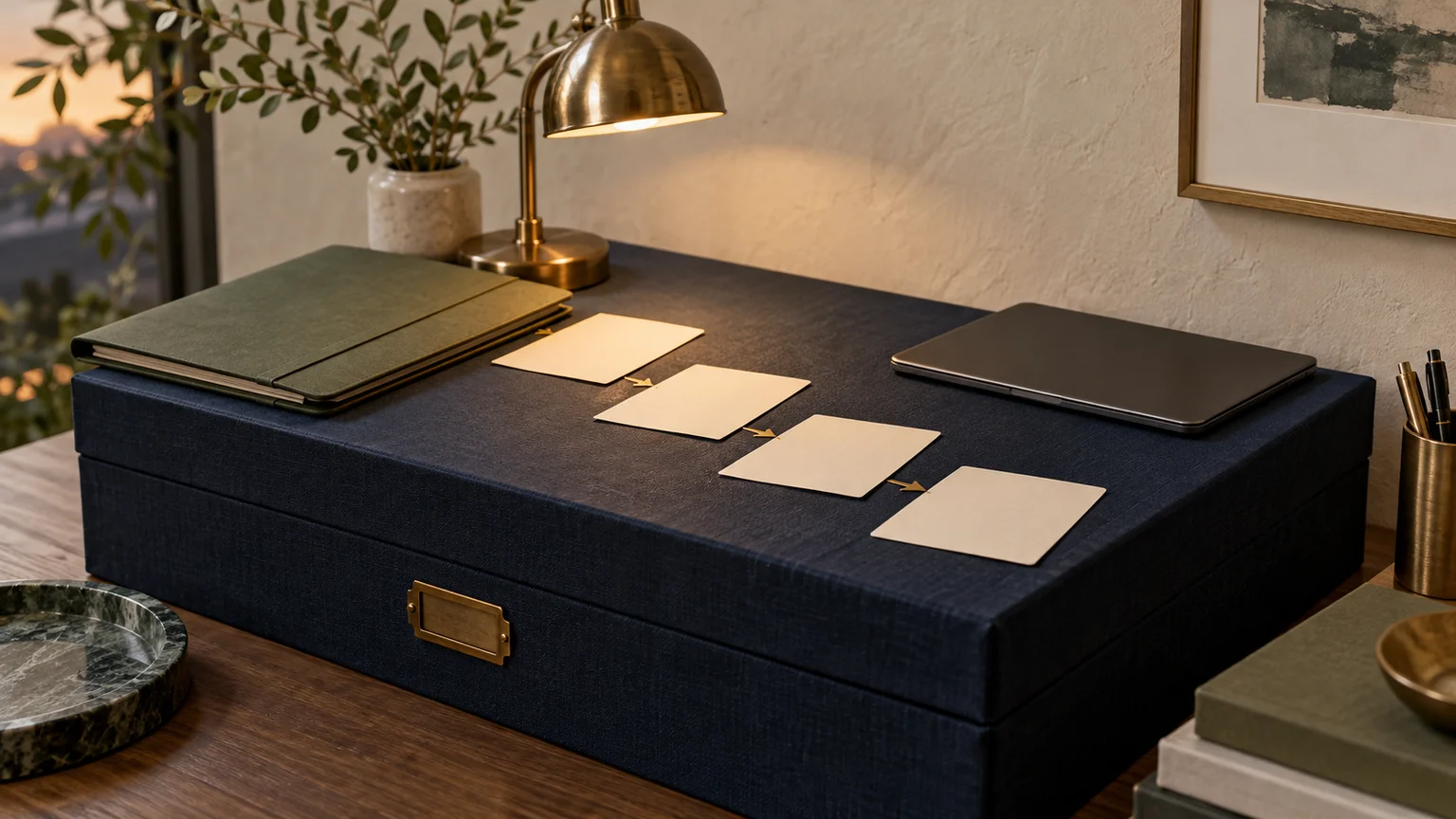Illustrative customer-work desk with a navy record box supporting an olive folder and brass lamp, beside blank customer cards and a closed tablet.