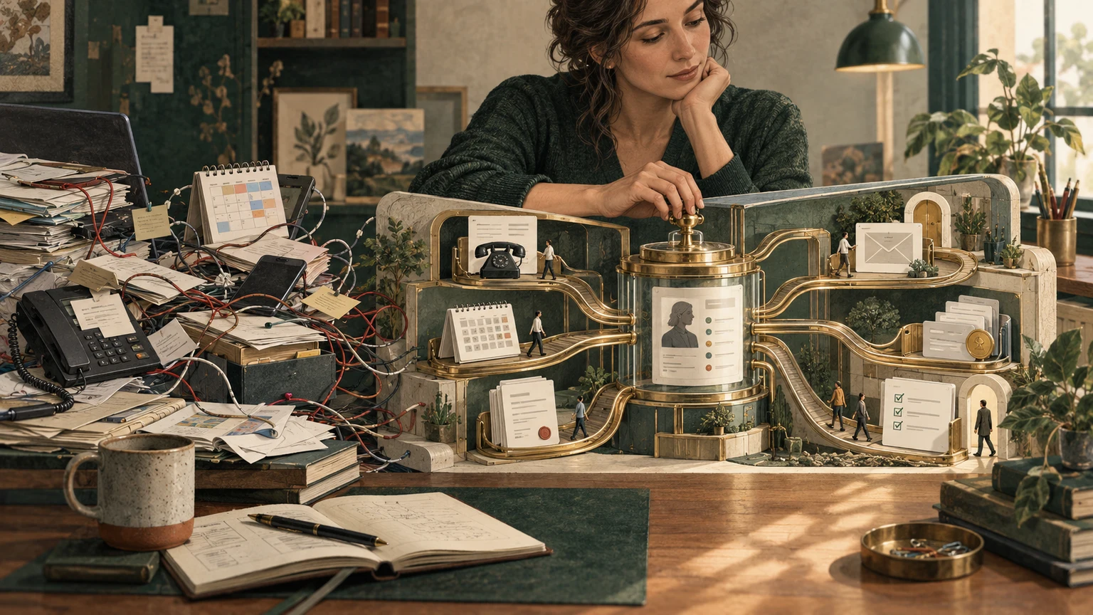 Conceptual illustration of a business owner beside tangled paperwork and phones, with a connected system linking calls, booking, agreements, payments and follow-up around a customer record.