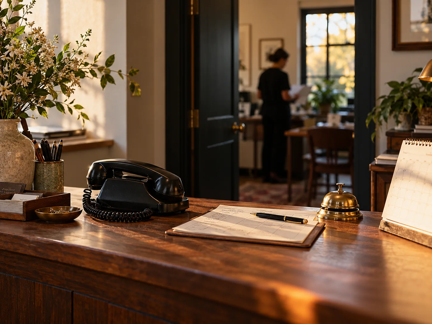 Editorial still life of a service business phone, call routing sheet, appointment calendar, and an open door to the human team.