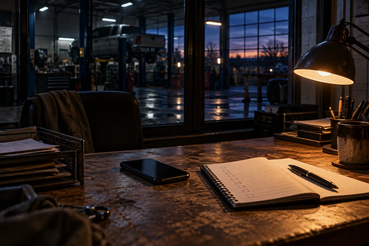 A phone and blank call-test notebook on a workshop desk after closing, with a dark service bay beyond the window.