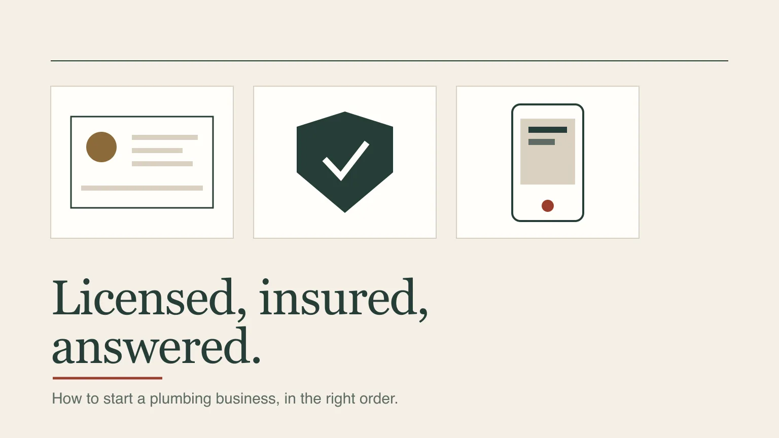 Three tall panels: a license card with a seal, a shield for insurance and a phone, above the headline: licensed, insured, answered.