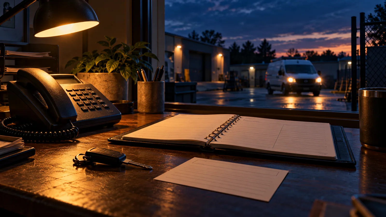 A desk phone, blank appointment book, service van key, and routing card sit under a lamp as a van returns at dusk.