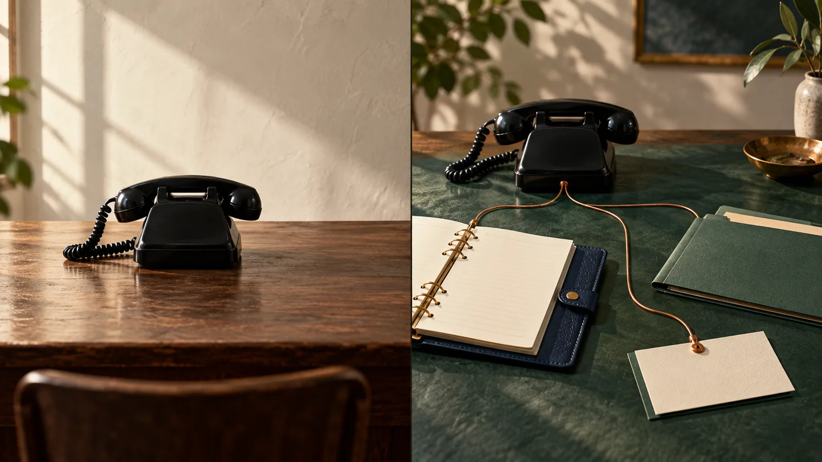 Two views of a business telephone, one on a bare desk and one beside a notebook and receiving tag, illustrating the difference between an entry point and a complete customer path.