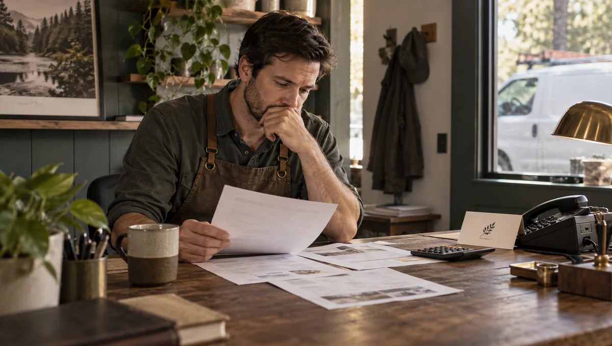 Service-business owner reviewing papers beside a calculator and telephone at a desk.
