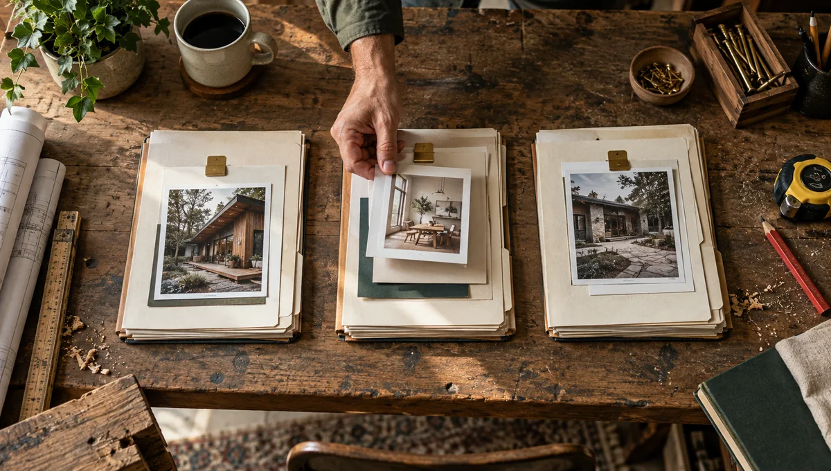 Overhead view of a contractor's workbench with three stacks of project folders, photographs, a ruler and pencil.