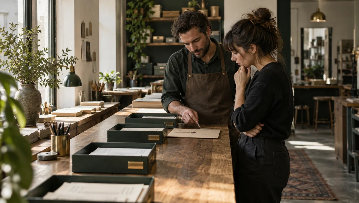 Owner and colleague checking a job folder beside work trays at a workshop counter.