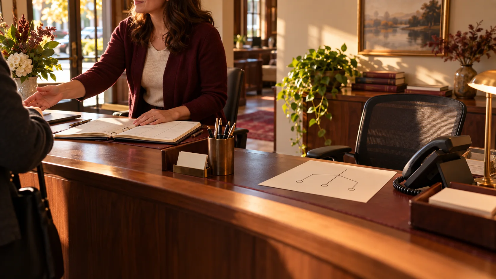 A receptionist speaks with a visitor beside an appointment book, while an empty chair and desk phone represent coverage after a shift.