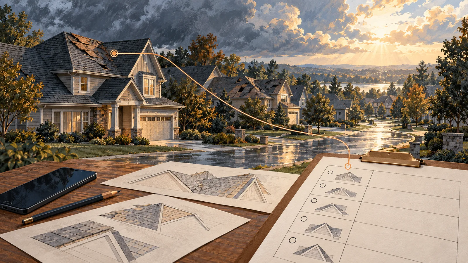 A clearing storm over suburban roofs, with blank roof sketches and an inspection schedule in the foreground.
