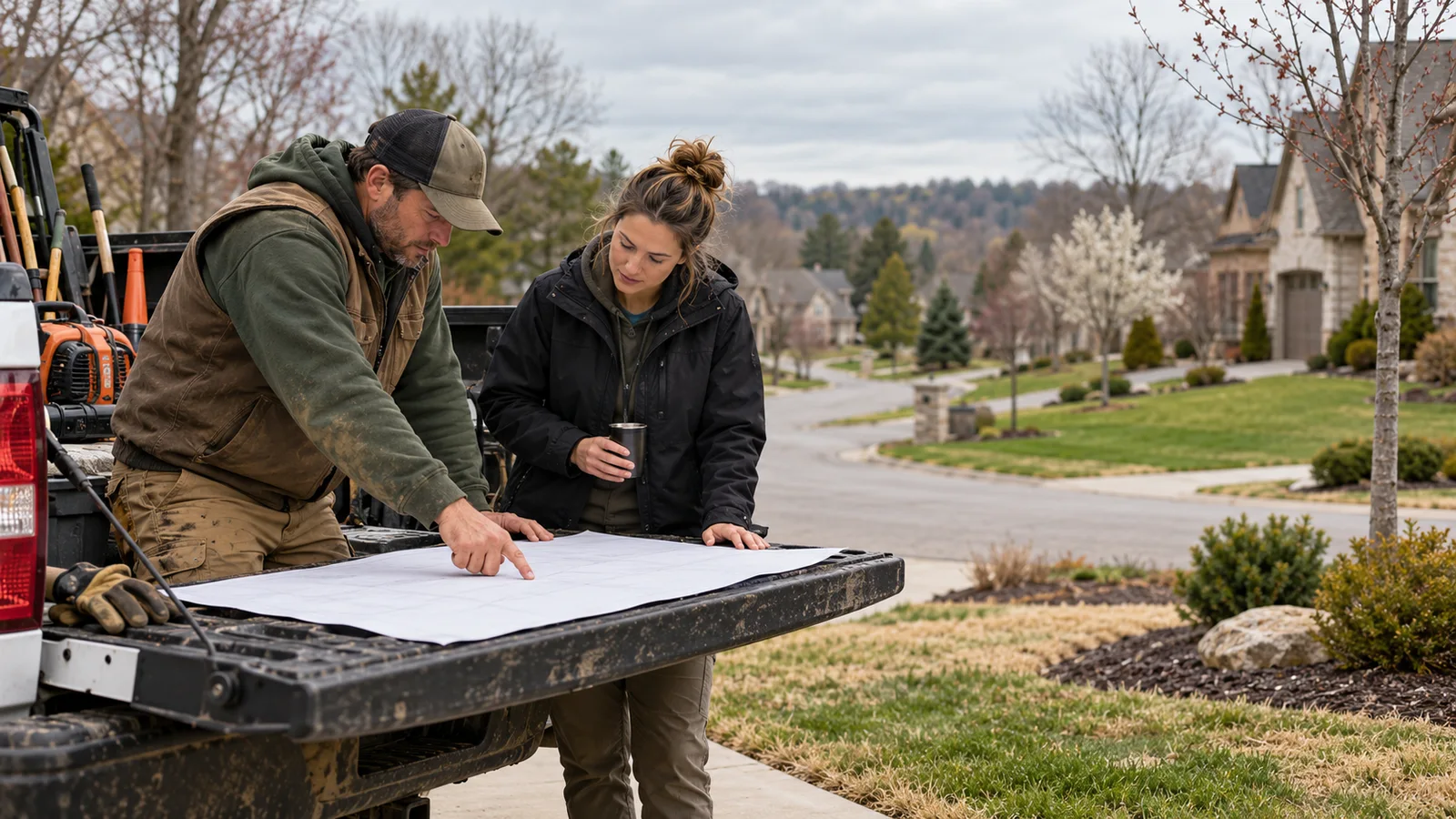 Two lawn care operators review a blank route plan on a truck tailgate in a neighborhood at the start of spring.