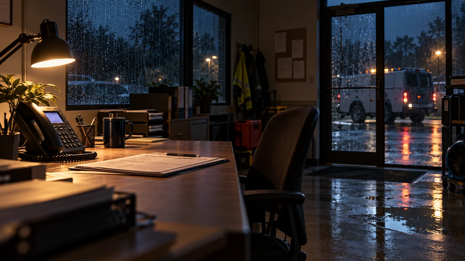 A restoration dispatch desk at night with a phone and blank incident sheet; rain falls outside near a service vehicle.