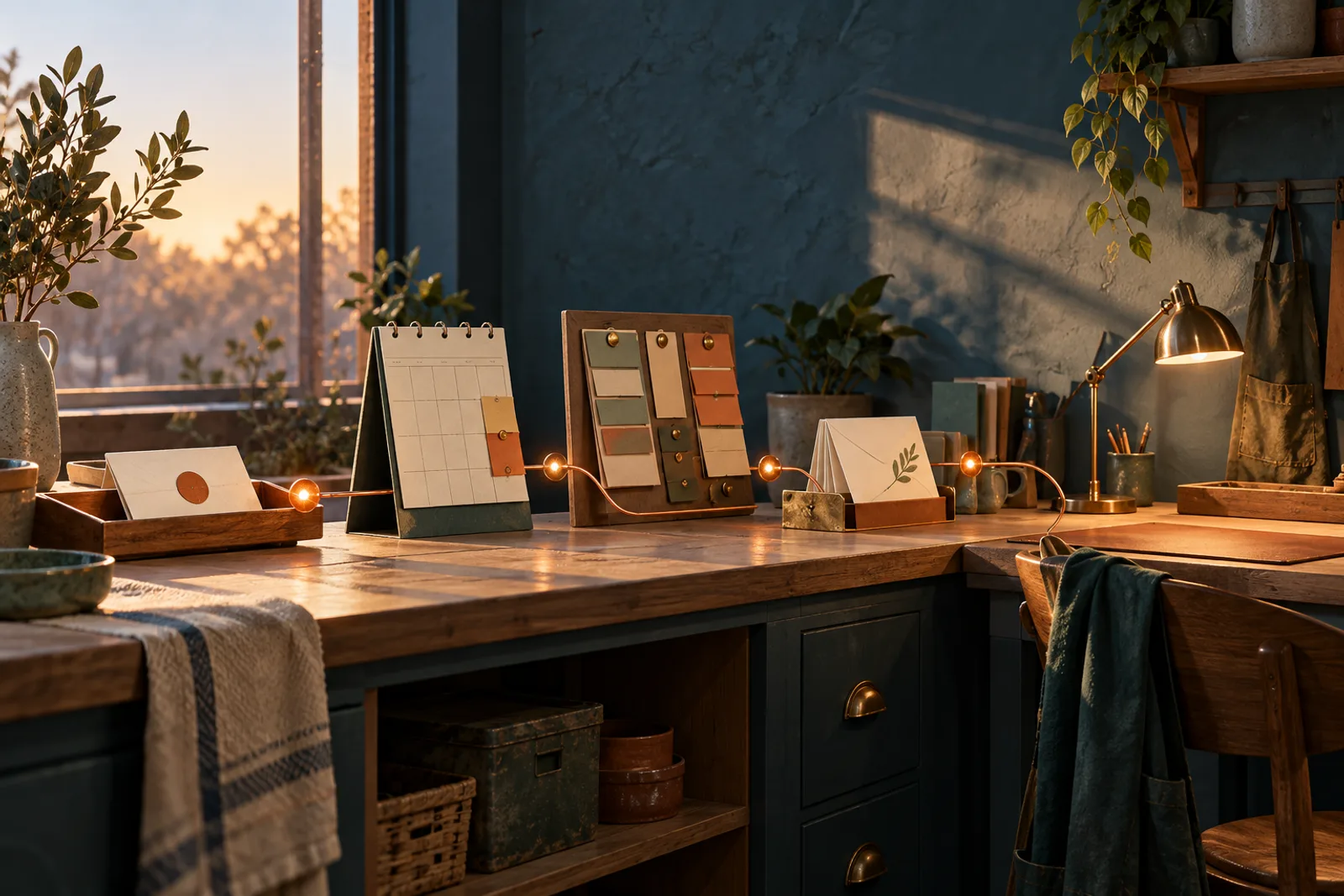 A workshop desk with connected lights and planning notes, illustrating the website and business systems working together.