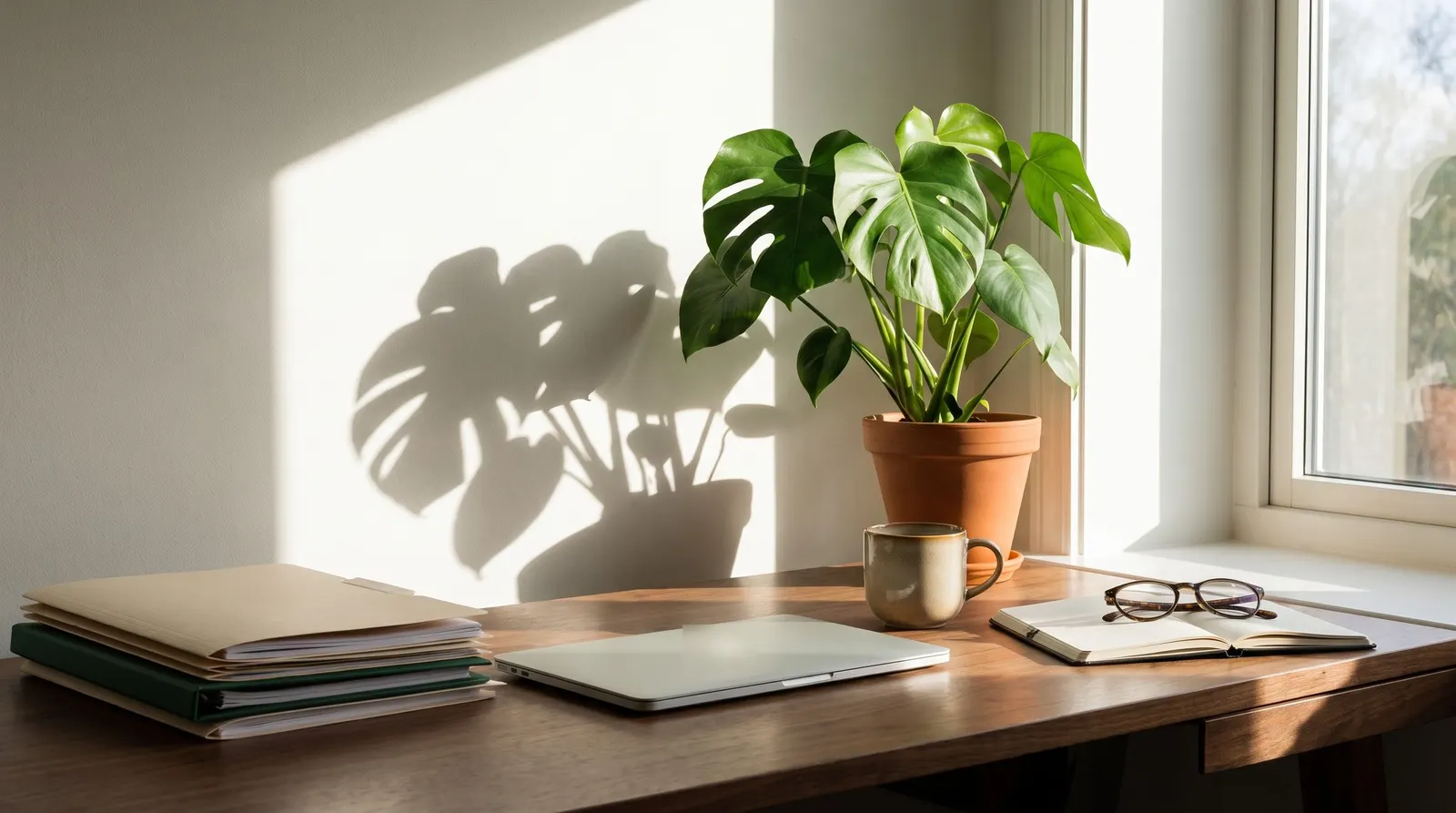 Bookkeeping website design by The Quiet Protocol: a sunlit bookkeeping desk with file folders, a laptop and reading glasses