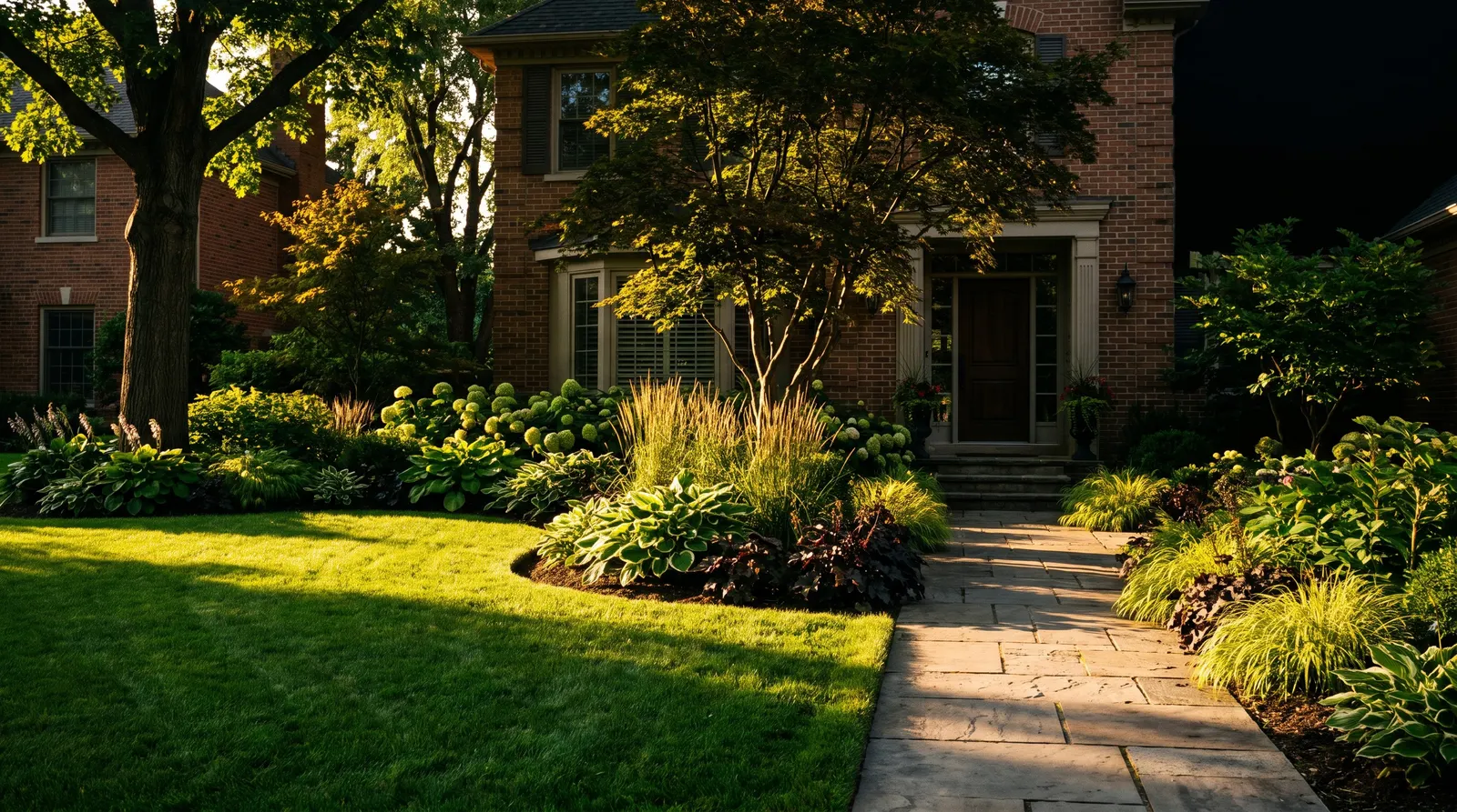 Landscaping website design by The Quiet Protocol: a landscaped front garden with a stone path leading to a brick house
