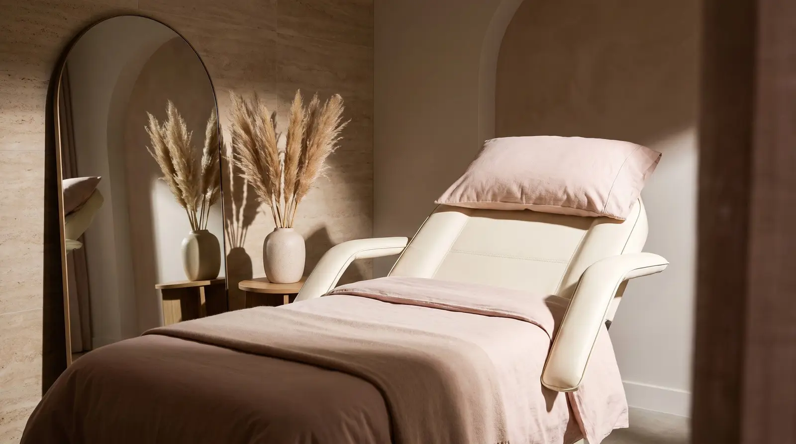 Med spa website design by The Quiet Protocol: a softly lit med spa treatment room with a blush treatment bed