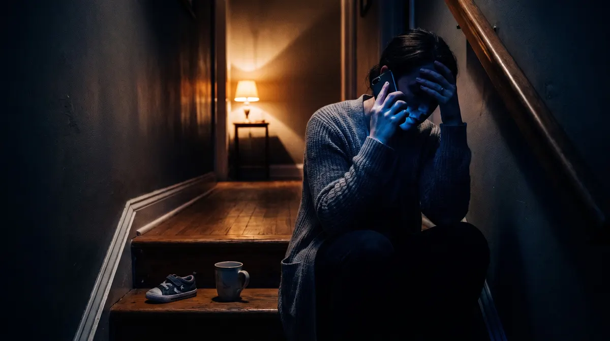 A woman sits on the bottom step of a dark staircase at night, phone to her ear and one hand on her forehead, a child's sneaker and a mug on the step beside her.