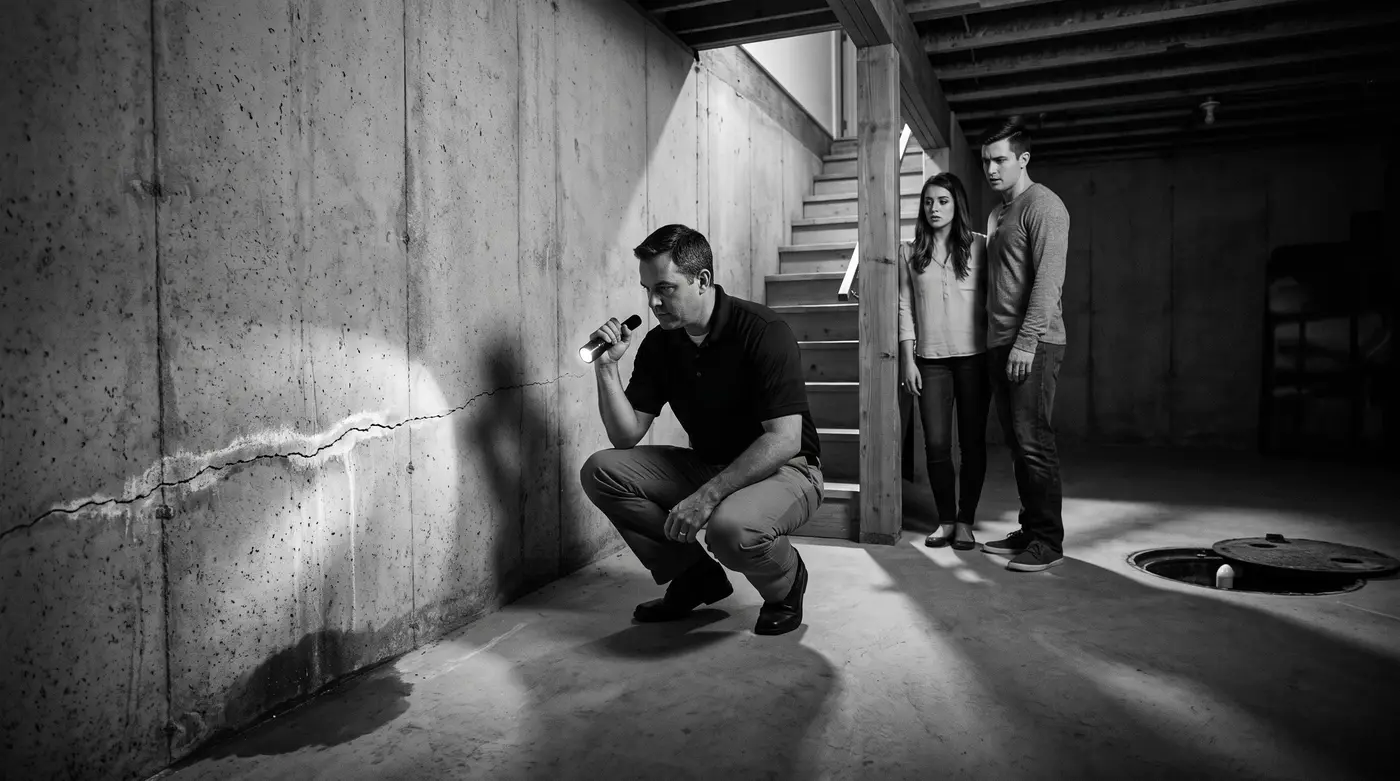 A home inspector crouches in a basement shining a flashlight on a horizontal crack in the foundation wall while the young buyers watch.