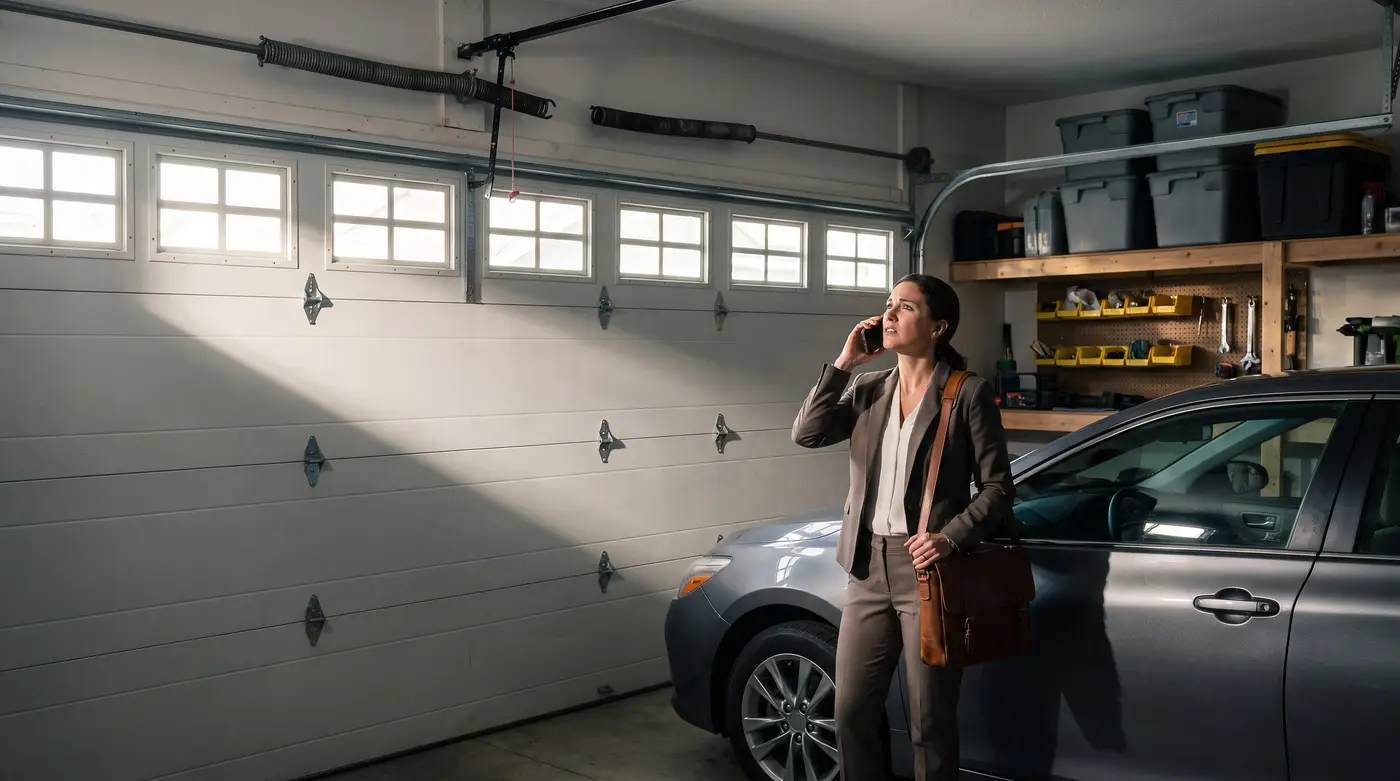 A homeowner dressed for work stands beside her car in the garage early in the morning, on the phone, looking up at a snapped torsion spring above the closed door.