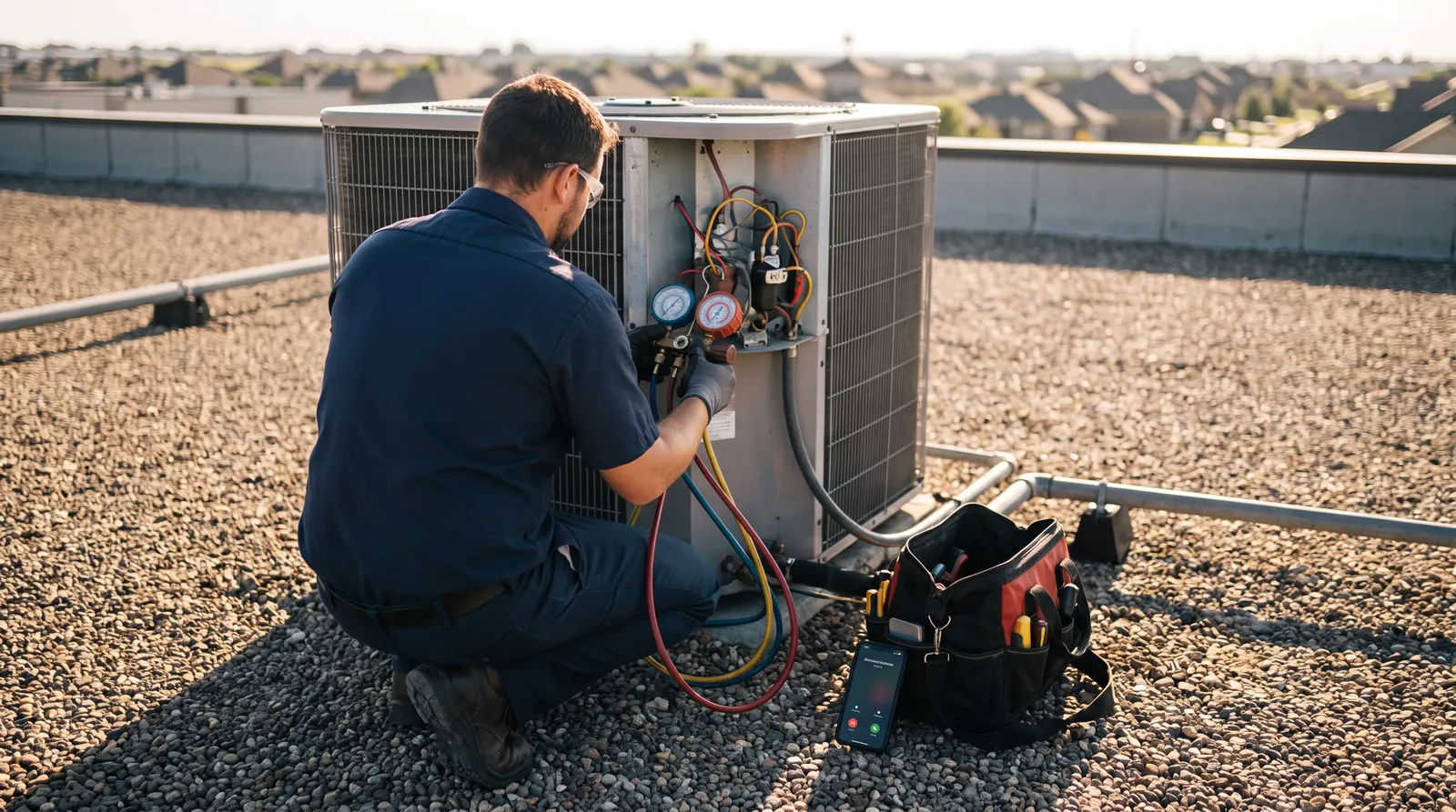 An HVAC technician working on a rooftop air conditioning unit while his phone rings on the gravel beside his tool bag.