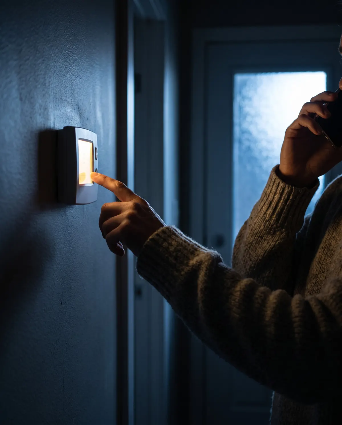 A homeowner in a wool sweater presses a lit thermostat at night while calling for help on their phone.
