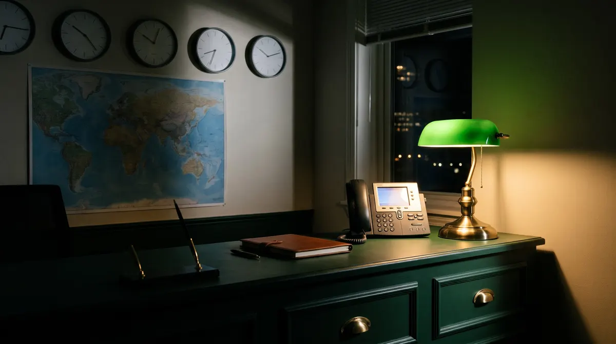 A quiet law office reception at night: a desk phone with its screen lit, a green banker's lamp, an appointment book, and a wall of plain clocks behind.