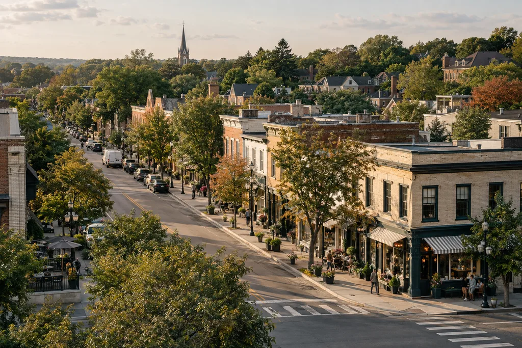 Illustrative neighborhood main street with independent businesses, trees, and people on the sidewalk.