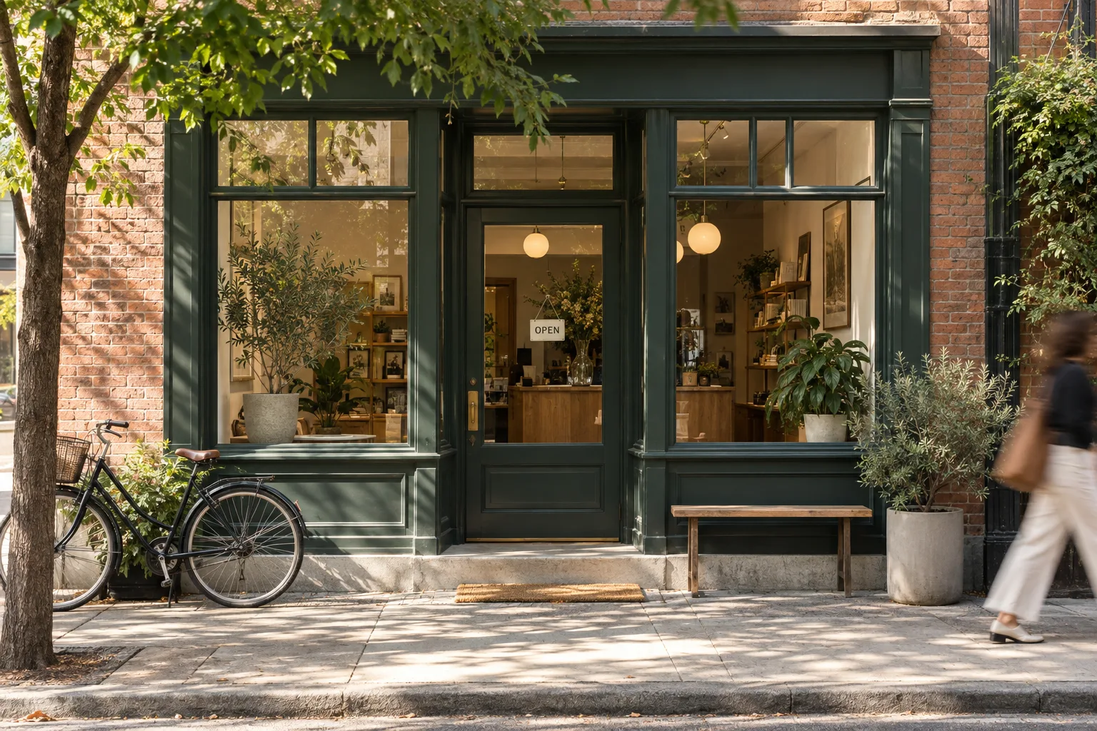 A small business storefront on a neighbourhood street in soft daylight.