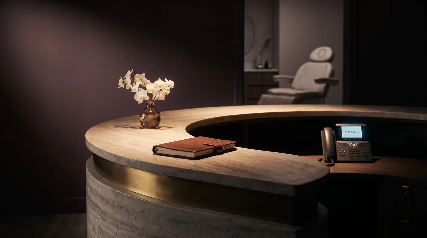 A med spa reception desk after closing, lamps low, a desk phone lit with an incoming call and nobody there to answer it.