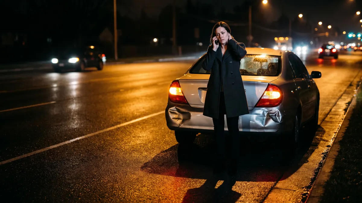 A woman on the phone beside her rear-ended car on a road shoulder at night, hazard lights on.