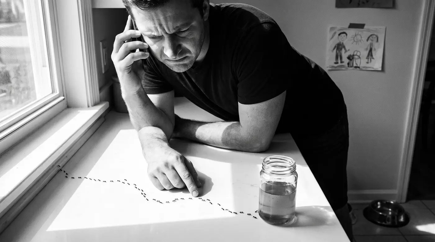 A father on the phone leans over his kitchen counter, pointing at a line of ants running from the window to a jar.