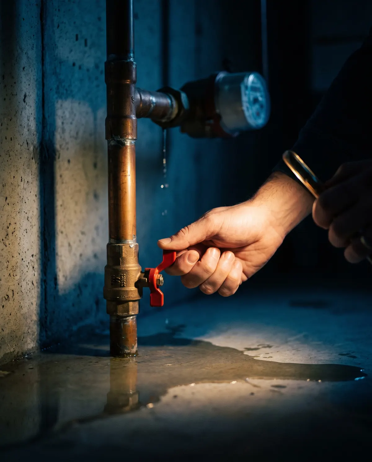 A homeowner's hand turns the lever of the main water shut-off valve in a basement at night, lit by a phone flashlight, with water on the floor.