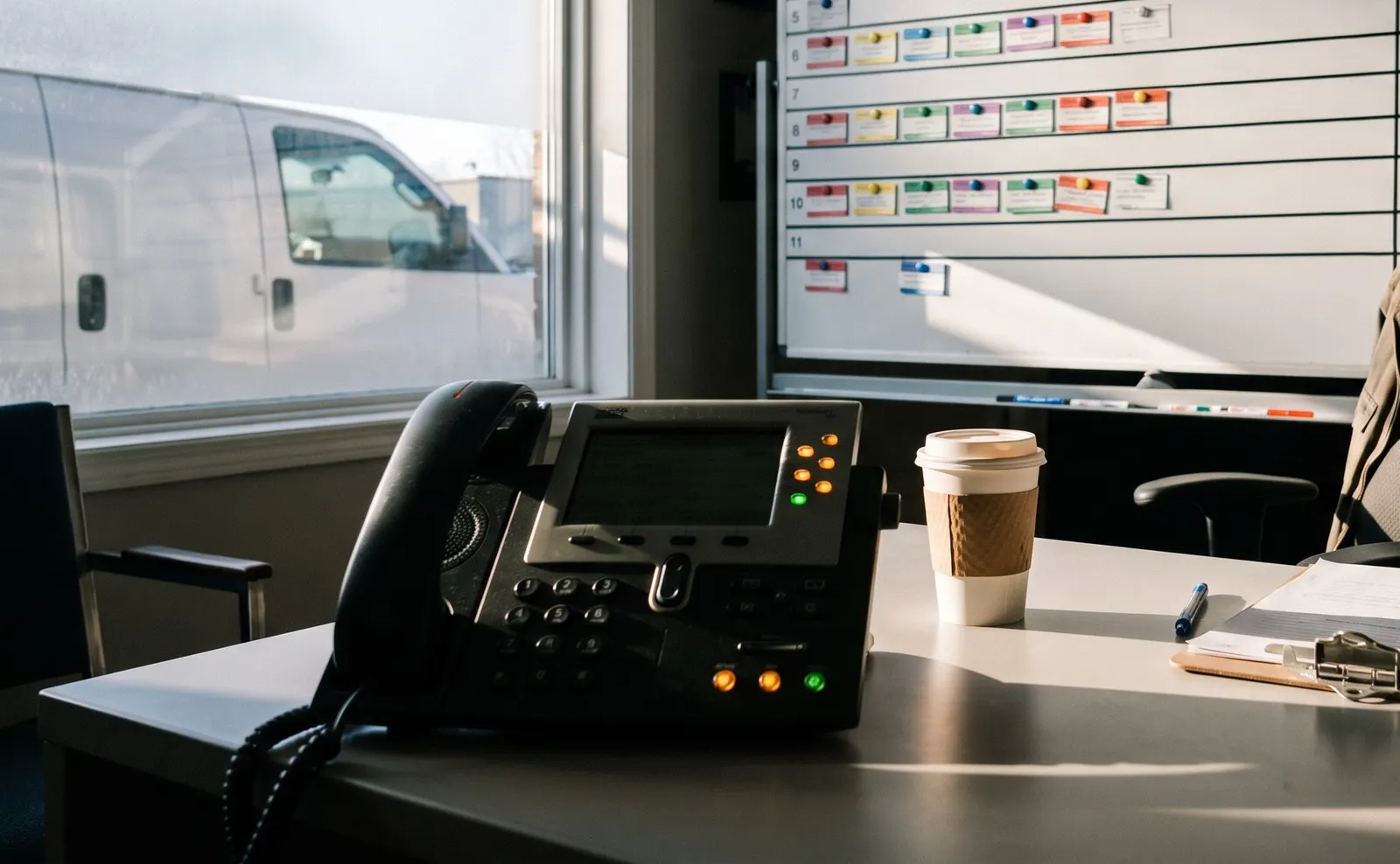 A small plumbing office in the morning: a desk phone with three lines lit, a dispatch whiteboard full of job magnets, and a service van outside the window.