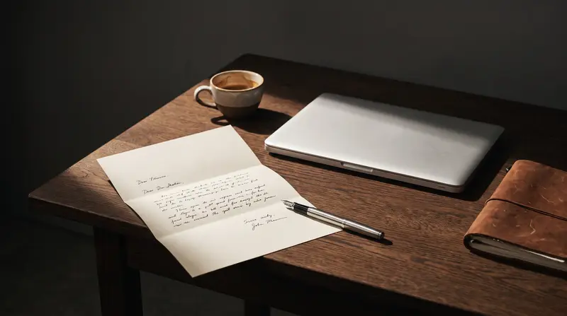 A handwritten letter of introduction beside a closed laptop on a consultant's desk.