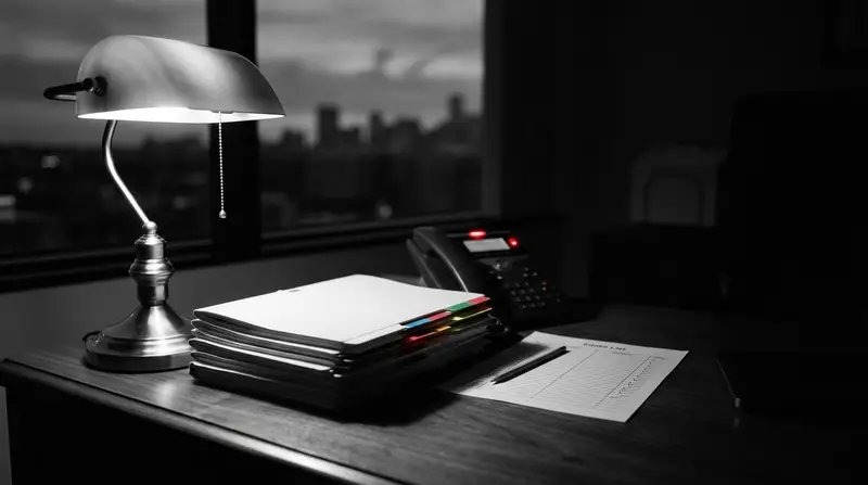 A partner's desk after hours in tax season: stacked client folders, a desk phone with a waiting message, the lamp still on.