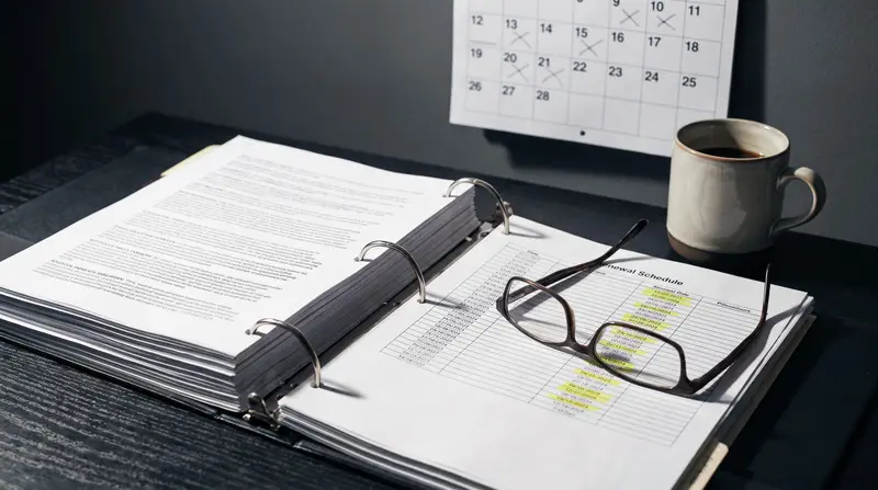 A broker's policy binder open to a renewal schedule with a few dates highlighted.