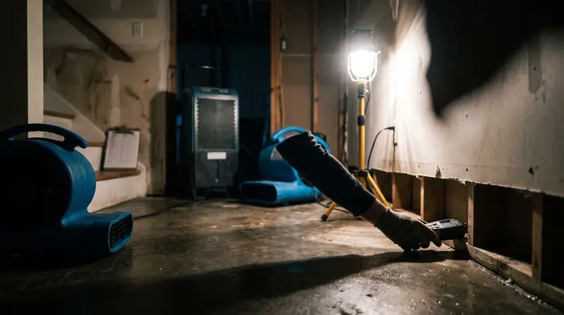 A flooded basement mid-restoration: air movers and a dehumidifier running while a gloved hand checks moisture in the wall.