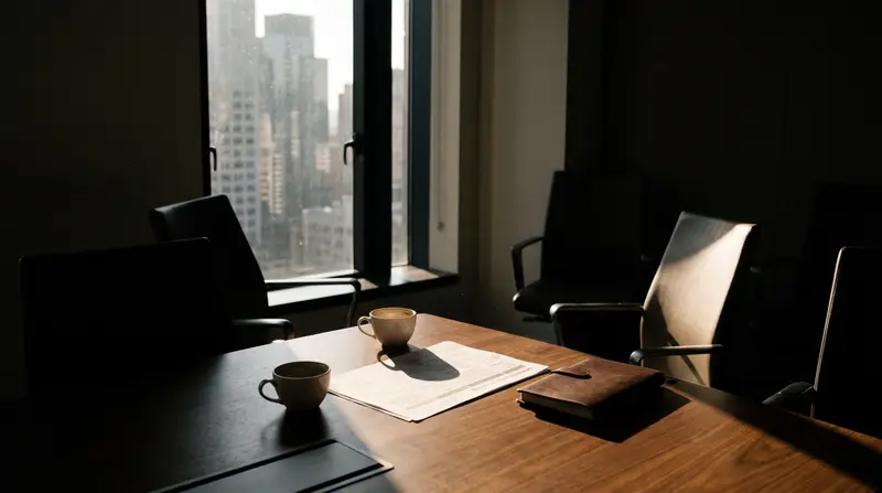 A quiet boardroom after a leadership meeting, with a strategy document, a notebook and two coffee cups in afternoon light.