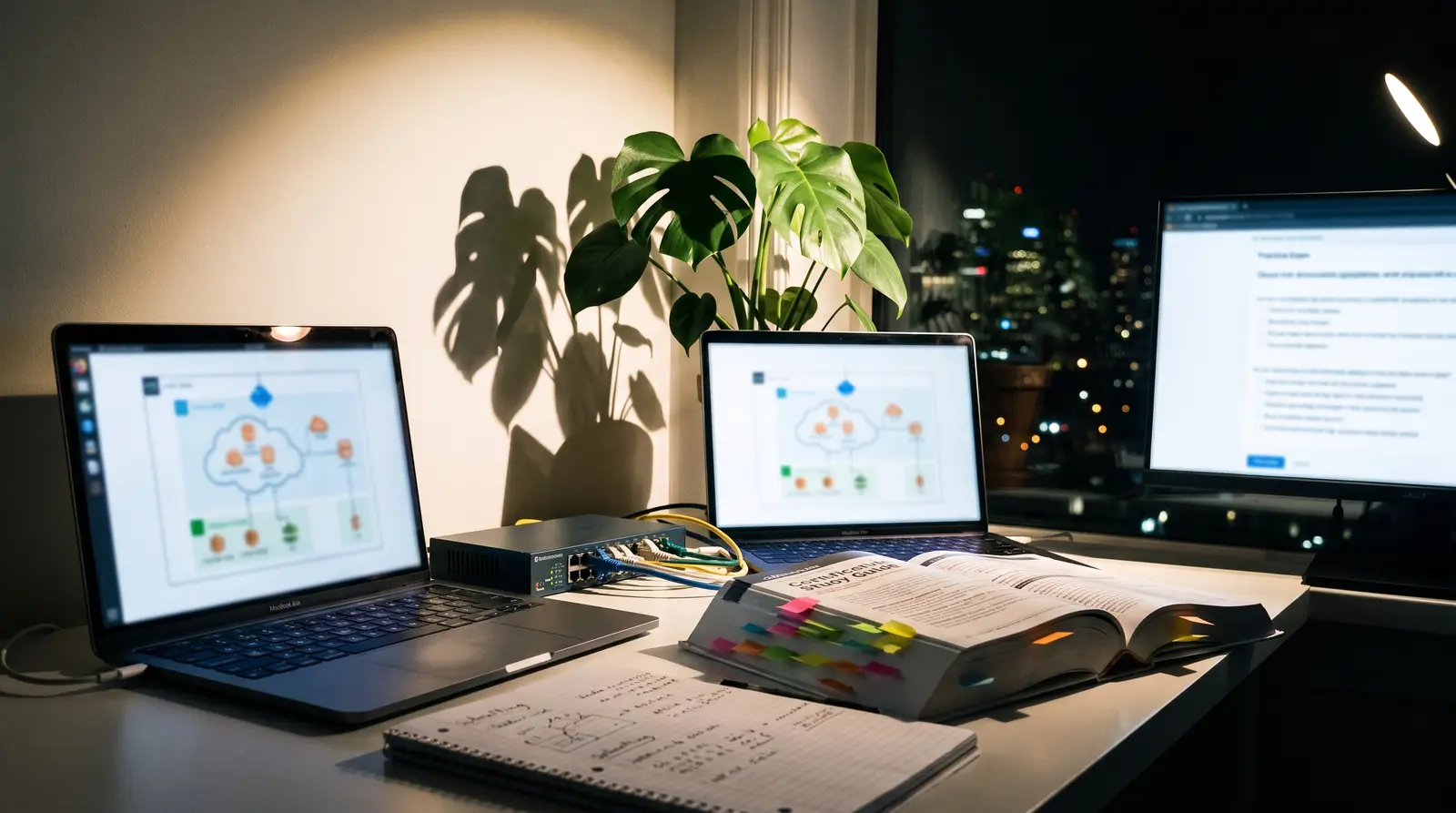 An evening study desk for an IT certification learner in Toronto: laptops with cloud architecture diagrams, a network switch, and a tabbed certification study guide.