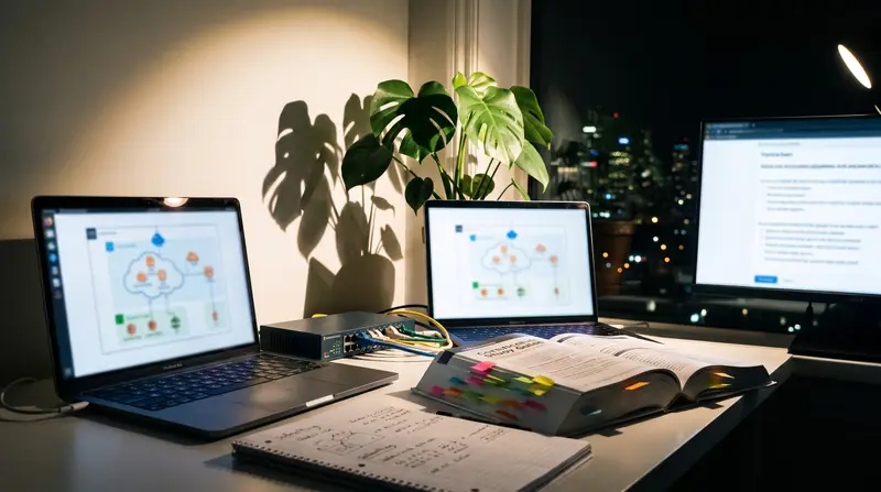 An evening study desk for an IT certification learner in Toronto: laptops with cloud architecture diagrams, a network switch, and a tabbed certification study guide.