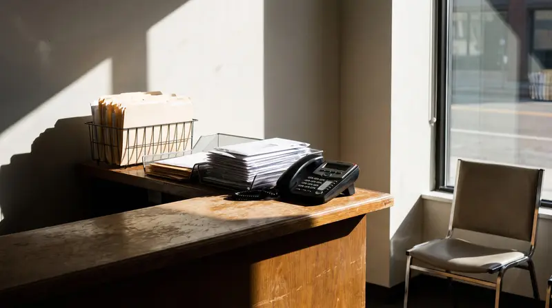 A quiet accounting office front desk with client folders, a stack of envelopes and a desk phone in morning light.