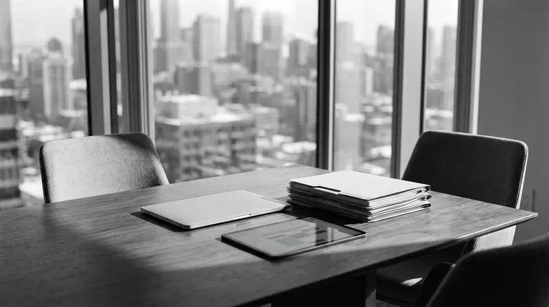 A client meeting room in a downtown Toronto office, with a tablet showing an appointment calendar beside a stack of client files.