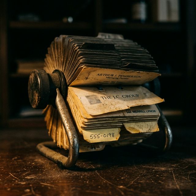 A vintage Rolodex filled with yellowed business cards, dusty and untouched , hundreds of warm relationships that nobody has contacted in years.